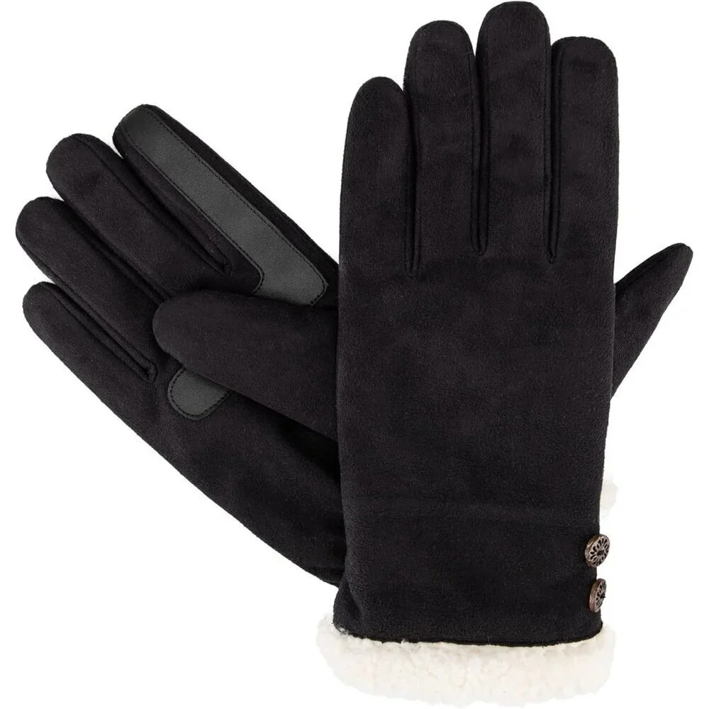 Women's Black Water Repellent Microsuede Gloves Sherpa Lined Button Detail